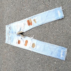 70s Levi's 605 Jeans- Single Stitch, Boho Hippie Suede Patched Distressed Light Wash Levi's, Red Tab ACTUAL 28.5x33"