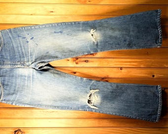 70's Vintage Levi's 646 FLARED Size 28/29 Slim Fit/ Distress,Ripped Knees,Paint, MADE In USA, Orange Tab: Actual 30.5x31.25"