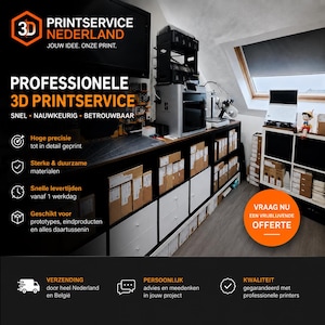 Op de afbeelding: Advertentie voor 3D-printdiensten. De afbeelding toont een 3D-printer, dozen en tekst. De tekst bevat "PRINTSERVICE NEDERLAND" en "PROFESSIONELE 3D PRINTSERVICE". De advertentie benadrukt precisie, duurzame materialen en snelle levering.