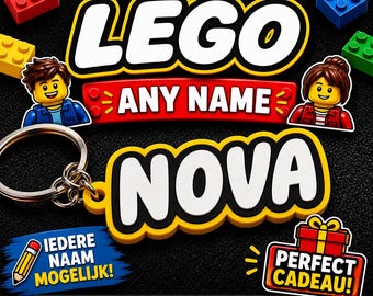 LEGO namnnyckelring | Personlig nyckelring | Alla namn möjliga | Gåva till LEGO-fan | Ryggsäckshänge | Skolväskaetikett