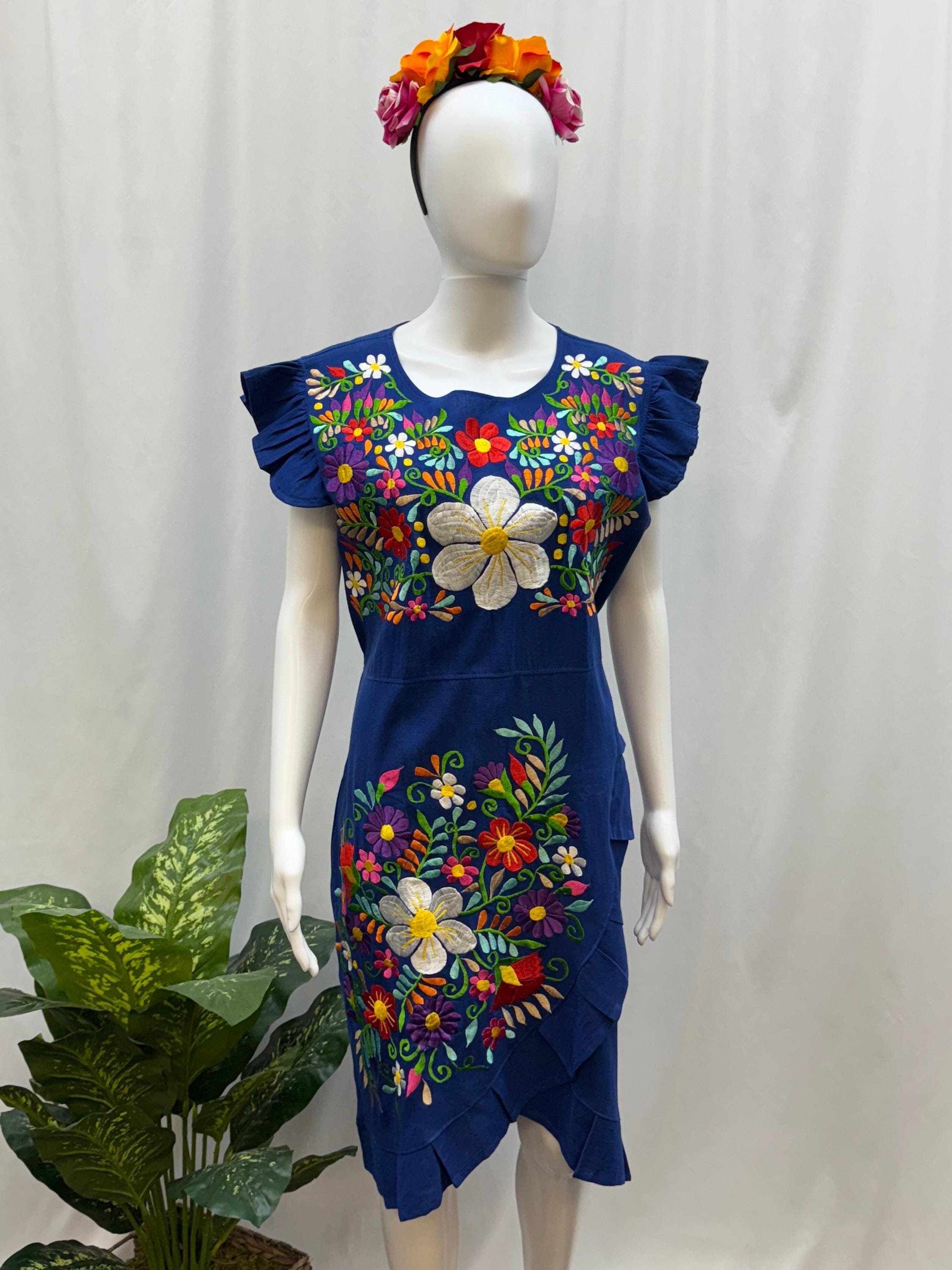 Women's Mexican Embroidered Floral Dress With Slit - Etsy Women's Mexican Embroidered Floral Dress With Slit - Etsy