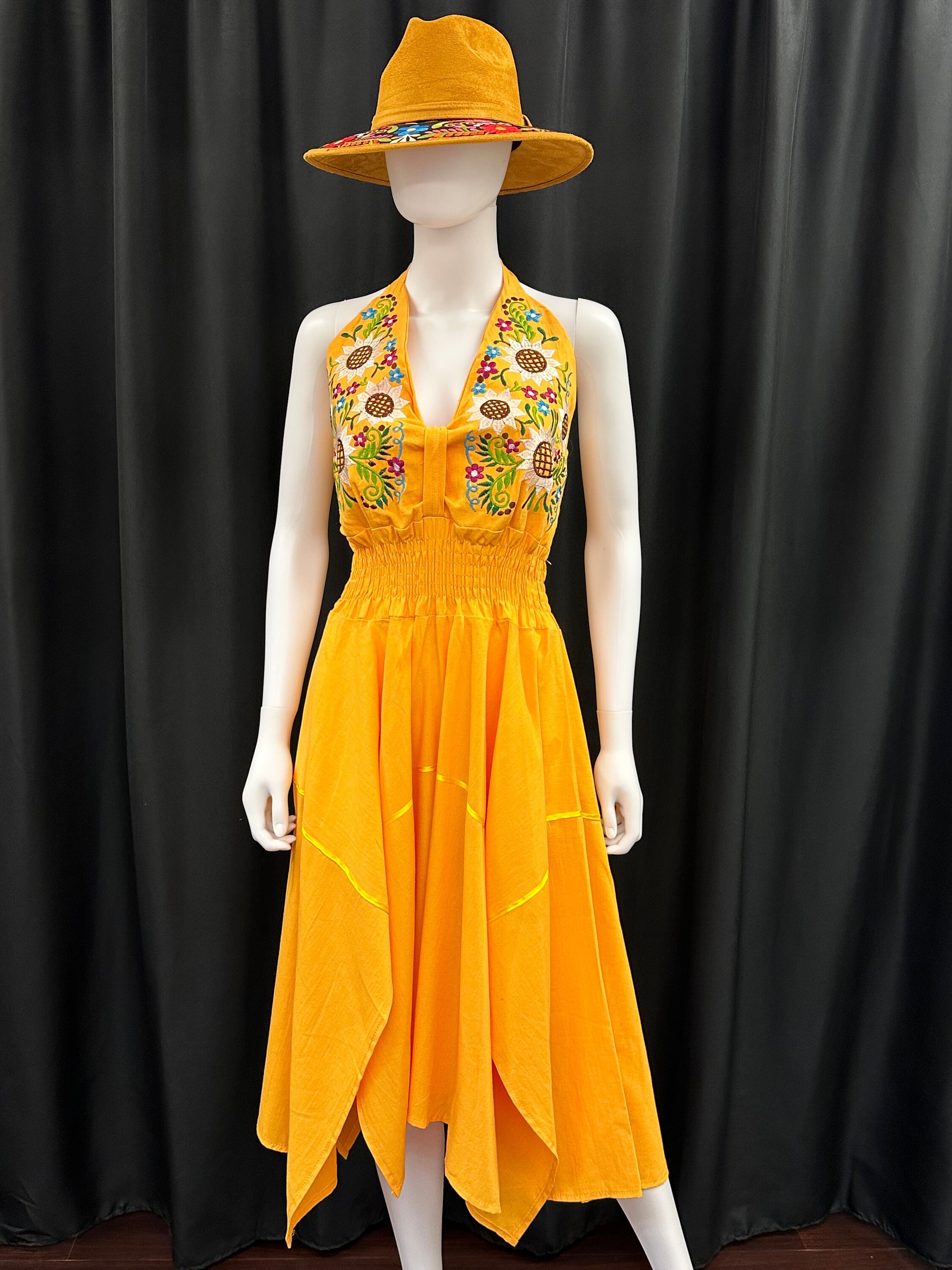 Women s Mexican Embroidered Sunflower High Low Halter Dress Etsy