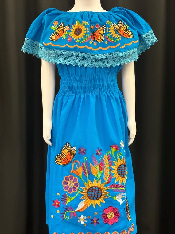 Girl's Mexican Butterfly and Sunflower Embroidered Dress