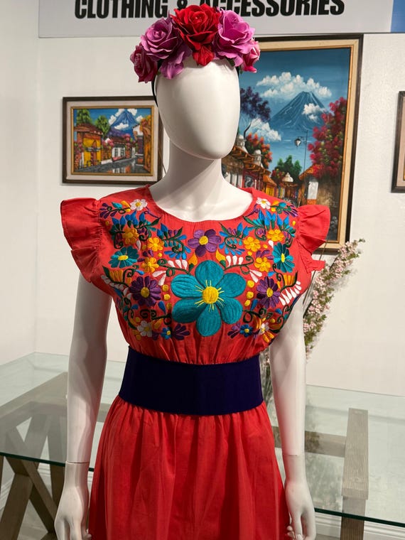 mexican shirt dress Antonella Floral Embroidered Dress- Vestido Mexicano Bordado Floral Rasta Mexican T-shirt dress