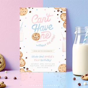 Twins First Birthday Cookie And Milk Invitation, Boy and Girl 1st Party Invite, Can&#39;t Have One Theme Decor, EDITABLE Canva Template 003
