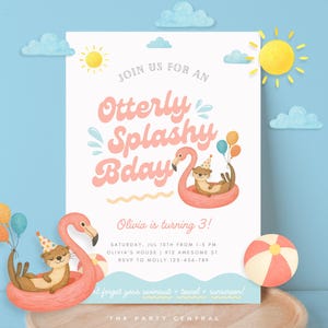Invitación de cumpleaños de nutria, linda invitación de cumpleaños de niña nutria, fiesta en la piscina retro de nutria, descarga digital Evite, plantilla editable de Canva 034