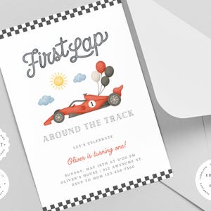 May include: A white invitation card with a red race car illustration, balloons, and the text "First Lap". The card includes event details and is decorated with a checkered border, perfect for a first birthday celebration.