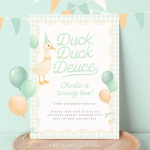 Invitación de cumpleaños "Duck Duck Deuce", adorable patito de la suerte en acuarela, decoración para segunda fiesta infantil, tarjeta con temática de cuadros vichy, plantilla editable de Canva 030