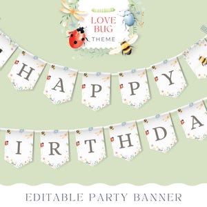 May include: Editable party banner with a white background and colourful floral and insect illustrations. The banner reads "Happy Birthday" with each letter on a separate flag. The banner is decorated with ladybugs, bees and dragonflies.