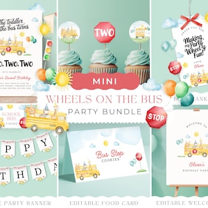 May include: A printable party bundle for a "Wheels on the Bus" themed birthday party. The bundle includes a welcome sign, a banner, a food card, and thank you tags. The design features a yellow school bus with animals on it. The colors are yellow, red, blue, green, and brown.