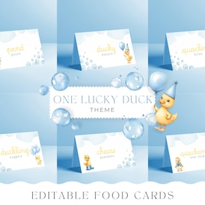 Cartes tente nourriture canard, étiquettes pour buffet Un canard porte-bonheur, carte de placement nom baby shower, thème d'anniversaire pour un garçon, modèle CANVA modifiable 014