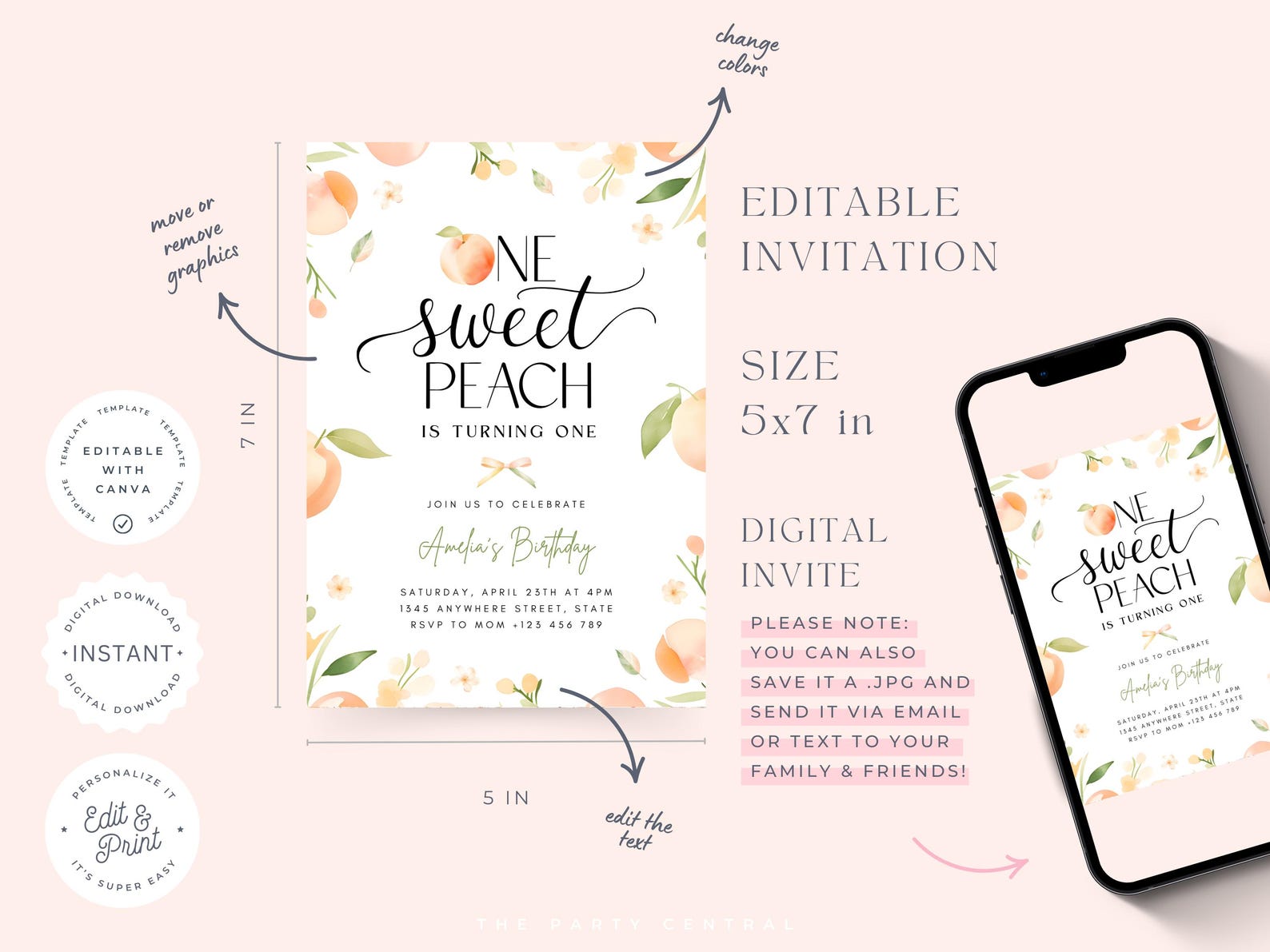 EDITABLE One Sweet Peach First Birthday Invitation Template, Sweet as A ...
