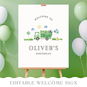 Könnte beinhalten: Editierbares Willkommens-Schild mit einem grünen Müllwagen und dem Text "Willkommen zu Olivers Geburtstag". Das Schild ist von grünen und weißen Luftballons umgeben.