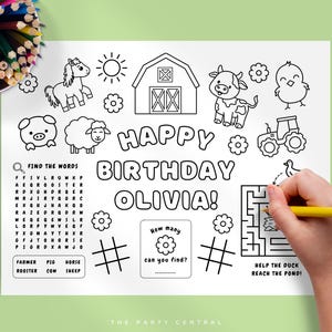 May include: A black and white printable coloring page with a farm theme. It features a barn, a cow, a pig, a horse, a rooster, a chick, a tractor, a word search, a maze, and a count the objects game. The text on the page says "Happy Birthday Olivia!"
