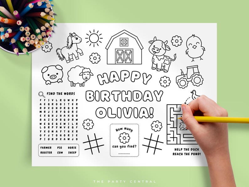 May include: A black and white printable coloring page with a farm theme. It features a barn, a cow, a pig, a horse, a rooster, a chick, a tractor, a word search, a maze, and a count the objects game. The text on the page says "Happy Birthday Olivia!"