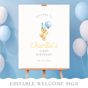 Cartello di compleanno "One Lucky Duck", cartello di benvenuto "Anatra", poster "One Lucky Duck", pacchetto tematico "The Lucky One First Birthday", modello Canva MODIFICABILE 014