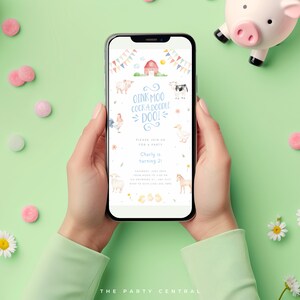 EDITABLE Farm Animals Birthday Evite, CANVA Template, Oink Baa Moo Im Two Invitation, Phone Digital Invite, Instant Download, Cow, Barn, 006
