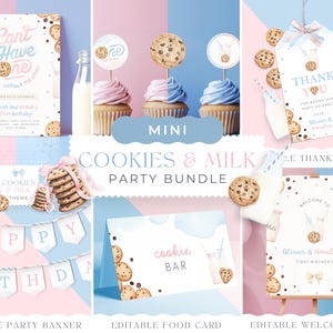 BUNDLE Twins First Birthday Cookies And Milk, Boy and Girl 1st Invitation Party Decoration, Blue and Pink Theme, EDITABLE Canva Template 003
