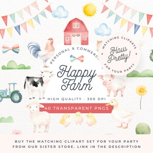 May include: A set of 40 watercolor clipart images featuring farm animals, a red barn, a tractor, a sun, clouds, and a banner with the text "Happy Farm". The clipart is high quality, 300 DPI, and comes in transparent PNG format. The text "How Pretty!" is also included in a circle with the text "Matching Cliparts for your party".