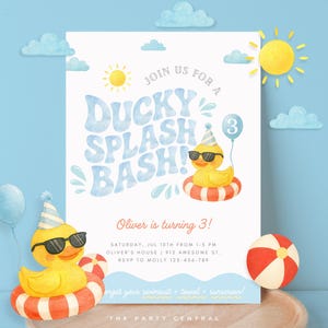 Rubber Duck Party Invitation, Pool Party Birthday Invite, Watercolor Boy Ducky Floaty Digital, Download Evite, EDITABLE Canva Template 034