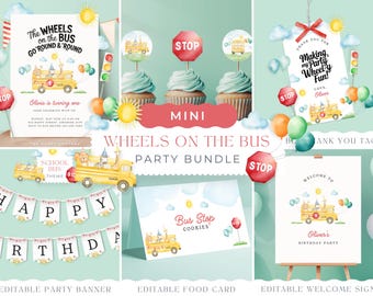 Puede incluir: Un paquete de fiesta imprimible para una fiesta de cumpleaños con el tema "Las ruedas del autobús". El paquete incluye un cartel de bienvenida, una pancarta, una tarjeta de comida, una etiqueta de agradecimiento y adornos para cupcakes. El diseño presenta un autobús escolar amarillo con personajes de animales y una señal de stop.