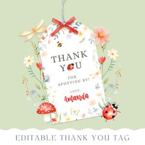 Bug bedankkaartje, onze lieve kleine liefdesbeestje, decor 1e gelukkige verjaardagsfeestje, Lady Bug Girl-tag, bug gunstkaart, BEWERKBARE canva-sjabloon 013