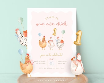 Eine süße Küken-Geburtstagseinladung, Huhn-Thema einladen, kleiner Bauernhof Barnyard-Party, Baby Mädchen erstes 1. Jahr, EDITIERBARE Canva-Vorlage 041