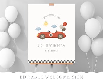 Two Fast 2 Curious Birthday Sign, Red Retro Race Car Welcome Poster, Checkered Printable Table Sign Party Decor, EDITABLE Template Canva 026