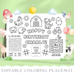 May include: A black and white printable coloring placemat with a farm theme. It features a word search, a maze, a counting activity, and a happy birthday message for "Charly".