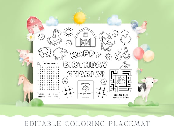Farm Animal Birthday Coloring Placemat, Farm Coloring Sheet Page for Kids, Baby Girl Theme, 2nd Birthday Boy, EDITABLE Canva Template 006