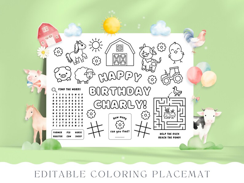 May include: A black and white printable coloring placemat with a farm theme. It features a word search, a maze, a counting activity, and a happy birthday message for "Charly".
