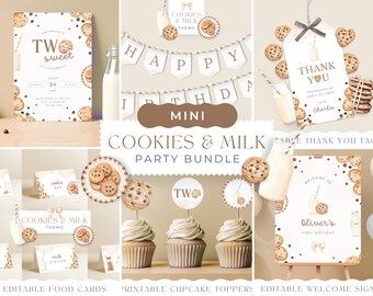 May include: A printable party bundle for a cookies and milk themed birthday party. The bundle includes a welcome sign, food cards, cupcake toppers, and a thank you tag. The design features watercolor illustrations of cookies and milk.