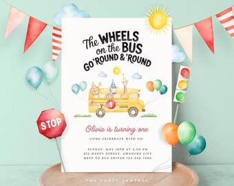 May include: A yellow school bus with a giraffe, zebra, and lion on board. The bus has the words "School Bus" on the side. The text on the invitation reads "The Wheels on the Bus Go 'Round & 'Round. Olivia is turning one. Come celebrate with us! Sunday, May 18th at 2:00 PM. 912 Happy Street, Awesome City. RSVP to Bus Driver 123-456-7890. The Party Central."