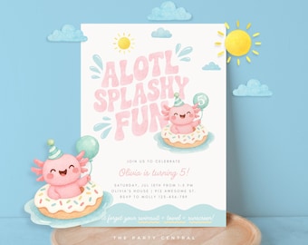 Axolotl Birthday Invitation Pool Party, Alotl Of Splashy Fun Digital Evite, Instant Download, Pastel Girl Party, EDITABLE Canva Template 034