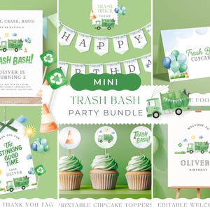 May include: A collection of party supplies with a trash truck theme. Includes invitations, a banner that says "Happy", cupcake toppers, a food card, a thank you tag, and a welcome sign. The color scheme is green, blue, and white.