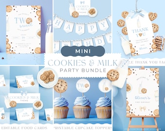 May include: A blue and white printable party bundle for a cookies and milk themed birthday party. The bundle includes a welcome sign, food cards, cupcake toppers, a thank you tag, and an invitation. The design features cookies and milk illustrations.