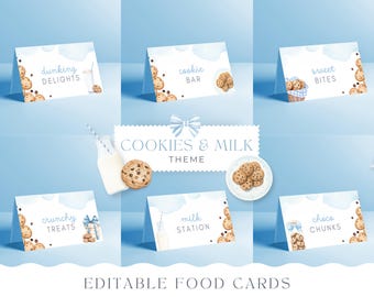 May include: Editable food cards for a cookies and milk themed party. The cards feature watercolor illustrations of cookies, milk, and other treats. The text on the cards includes "dunking delights", "crunchy treats", "cookie bar", "milk station", "sweet bites", and "choco chunks".