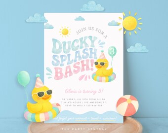 Duck Pool Party Invitation, Girl Rubber Ducky Birthday Invite, Pastel Watercolor Digital Evite, Instant Download EDITABLE Canva Template 034