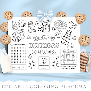 Puede incluir: Mantel individual para colorear imprimible en blanco y negro con temática de cumpleaños. El mantel individual presenta un mensaje de cumpleaños, una búsqueda de palabras, un laberinto y una actividad de conteo. El mantel individual está decorado con galletas y leche.