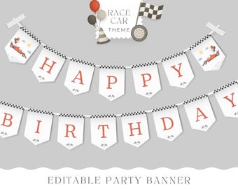 First Lap Around The Track Banner, Formula One 1st Birthday Party Decor, Red Race Car Theme, Checkered Bunting, EDITABLE Template Canva 026