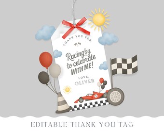 Étiquette de cadeau Formule 1, autocollant de remerciement premier tour de piste, décoration d'anniversaire à carreaux de voiture de course, modèle MODIFIABLE Canva 026
