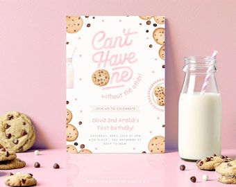 Twin Girls Milk And Cookies First Birthday Invitation, Can't Have One Without The Other, Twin 1st Party Invite, EDITABLE Canva Template 009