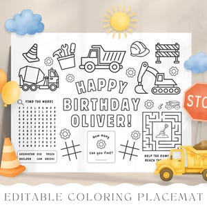 May include: A black and white printable coloring placemat with a construction theme. It features a word search, a maze, a counting activity, and a truck. The placemat says "Happy Birthday Oliver!" at the top.
