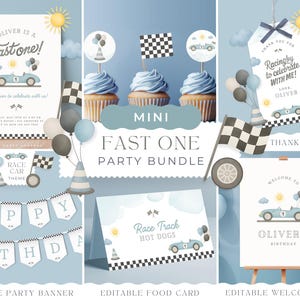 Fast One Birthday BUNDLE, Boy Race Car 1st Party Theme, Baby First Blue Racing Decoration, Table Sign, Banner, EDITABLE Template Canva 026