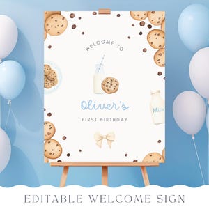 Panneau de bienvenue MODifiable de lait et de biscuits, modèle de toile, affiche de bienvenue, décorations de fête d'anniversaire pour bébé garçon, téléchargement numérique, 003