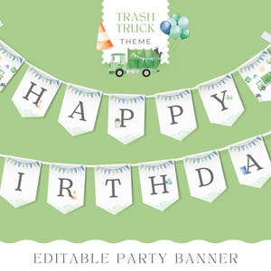 Może przedstawiać: Zielono-biały baner z napisem "Happy Birthday" czarnymi literami. Baner jest ozdobiony małymi zielonymi i niebieskimi trójkątami oraz motywem śmieciarki. Baner idealnie nadaje się na przyjęcie urodzinowe.