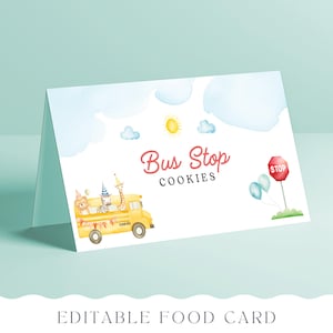Tarjeta editable de carpa de comida para autobús escolar, etiqueta de buffet de animales en un autobús, ubicación de nombres en las mesas, letrero de cumpleaños de Wheels, plantilla editable de Canva 022