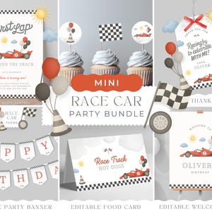 Peut inclure: Un lot de fête imprimable sur le thème de la course automobile pour un anniversaire. Le lot comprend une pancarte de bienvenue, une étiquette de remerciement, une carte alimentaire, une bannière et des décorations pour cupcakes. Le design présente une voiture de course rouge, des drapeaux à damier et un cône.