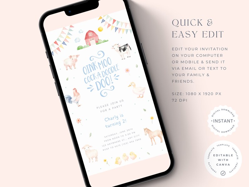 EDITABLE Farm Animals Birthday Evite, CANVA Template, Oink Baa Moo Im ...