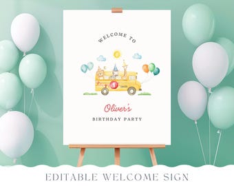 EDITABLE Wheels On The Bus Welcome Sign, School Bus Poster, Animals On A Bus Balloons Printable, First Birthday Party, Canva Template 022